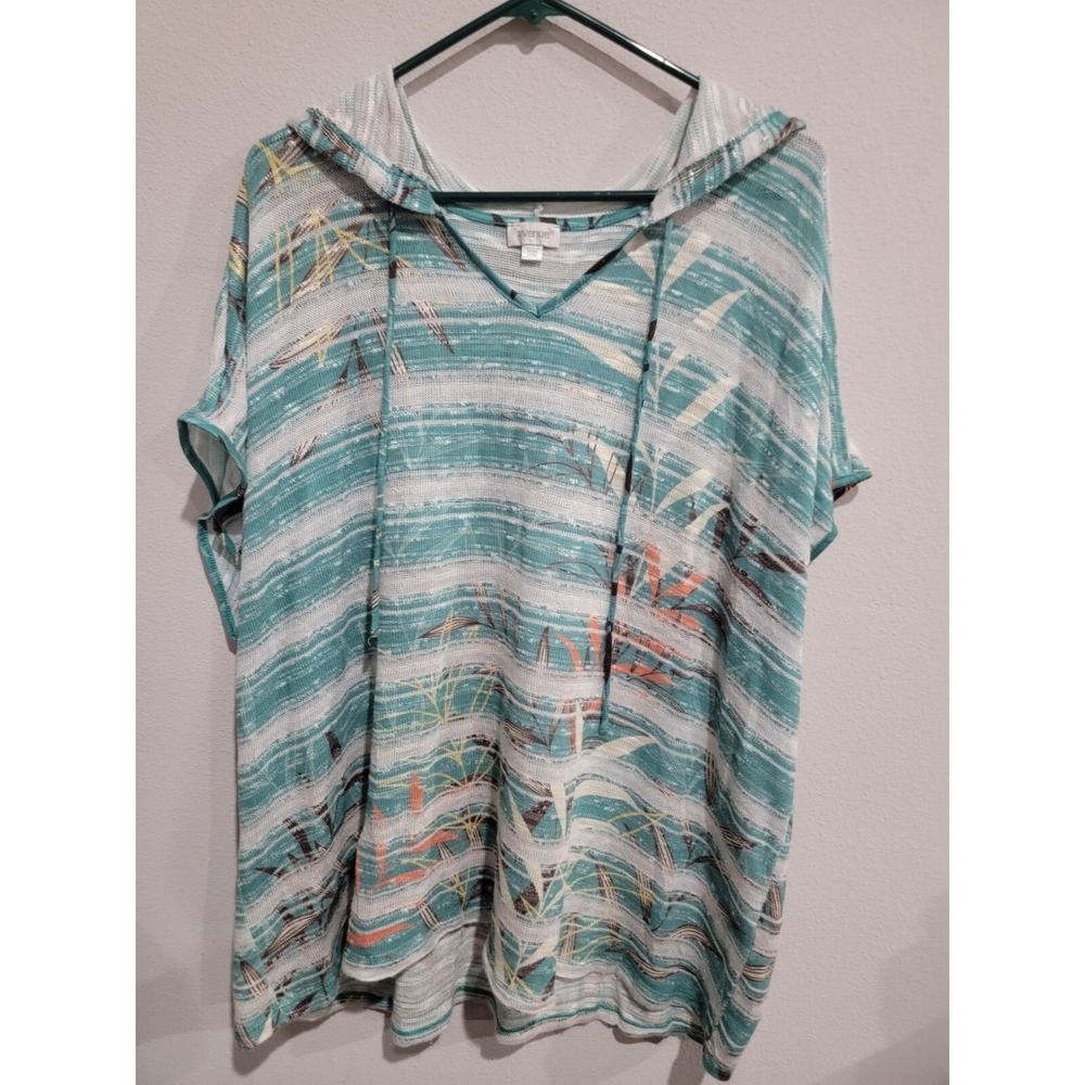 AVENUE‎ Blue Print Soft Knit Short Sleeve Pullover Hoodie Sweater Top 22/24